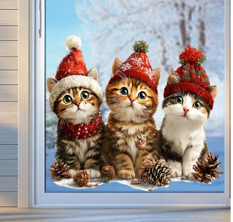 Kassi teemaline aknakleebis (liimivaba) Jõulud