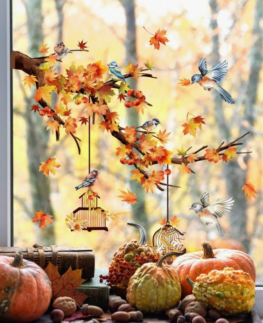 Dekoratiivkleebis (aknale, seinale - liimivaba, korduvkasutatav) Linnud ja oks